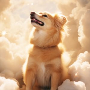 dog sitting in the clouds